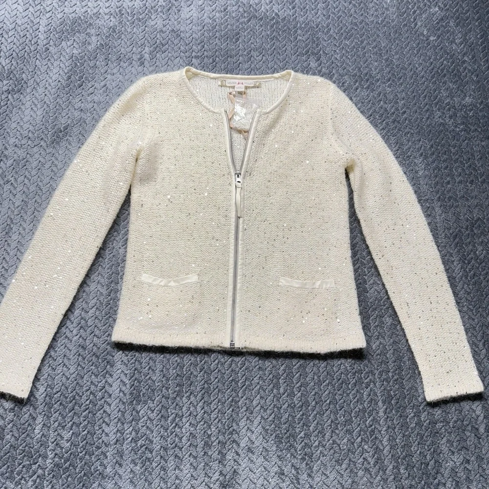 Chelsea & Violet XS Sequin Knit Zip Cardigan Ivory Wool‎ Blend Sparkle Party